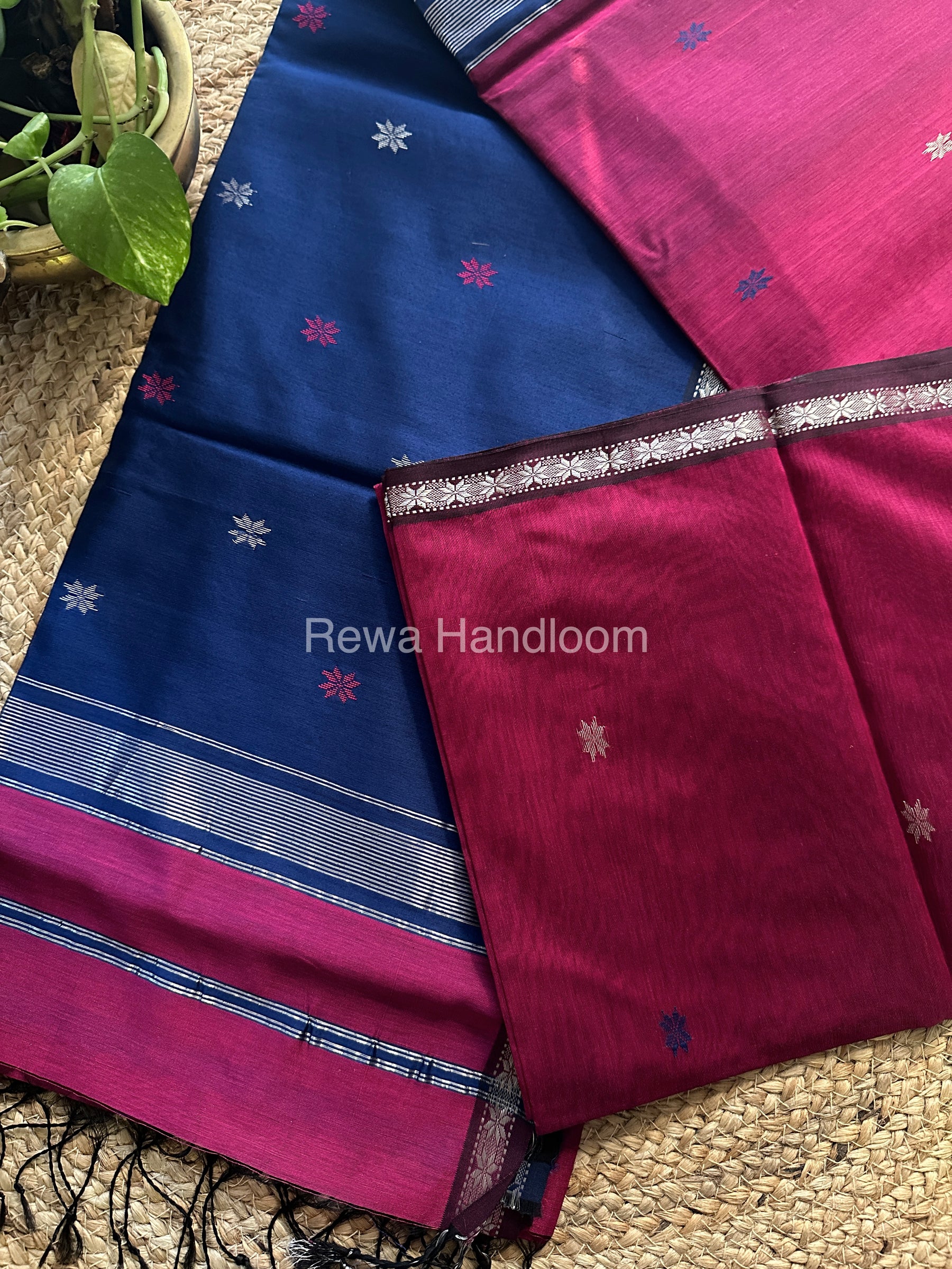 Magenta-Blue Zari Butti ~ Maheshwari Saree-SBT03