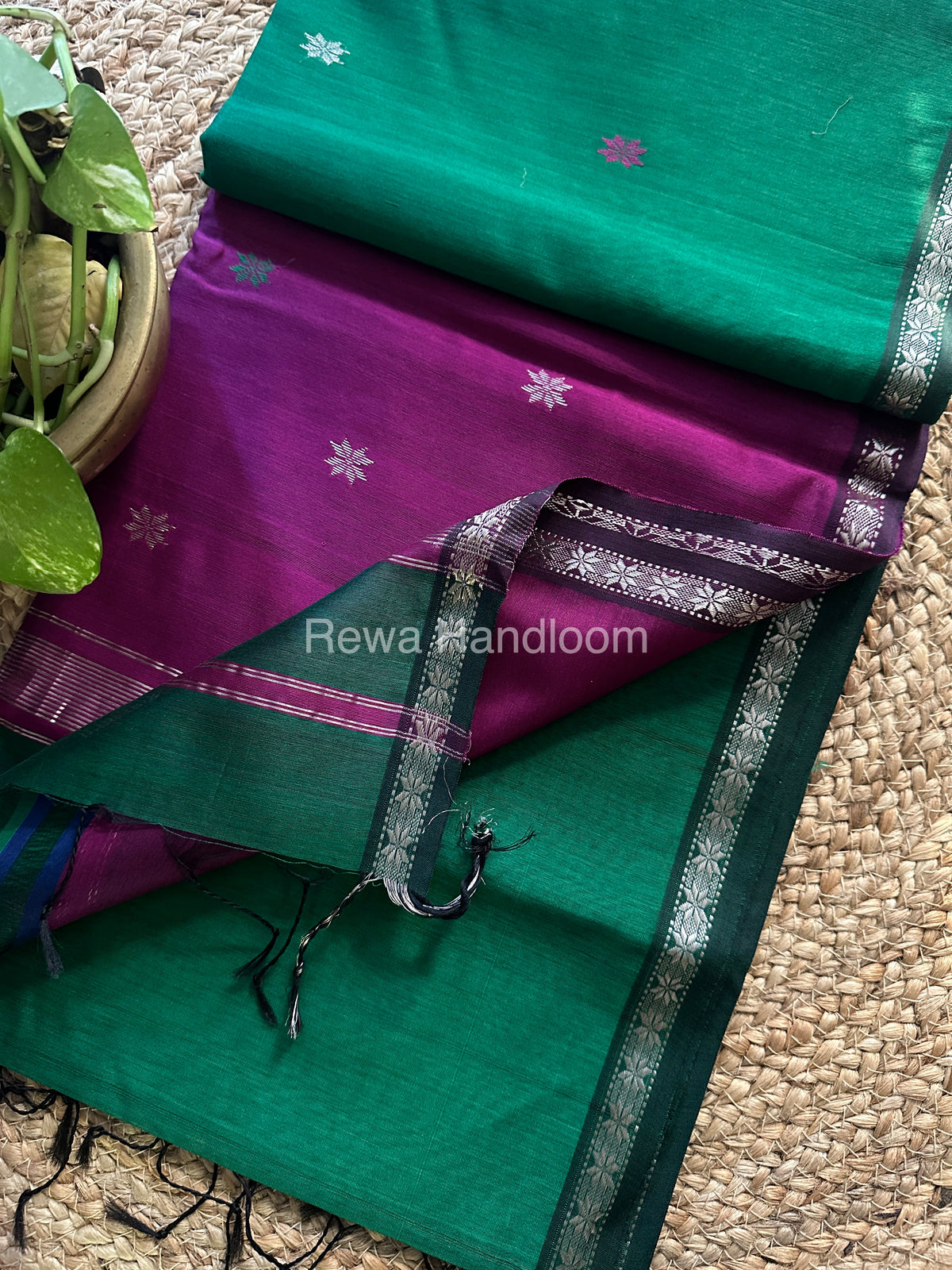 Green-Purple Zari Butti ~ Maheshwari Saree-SBT05