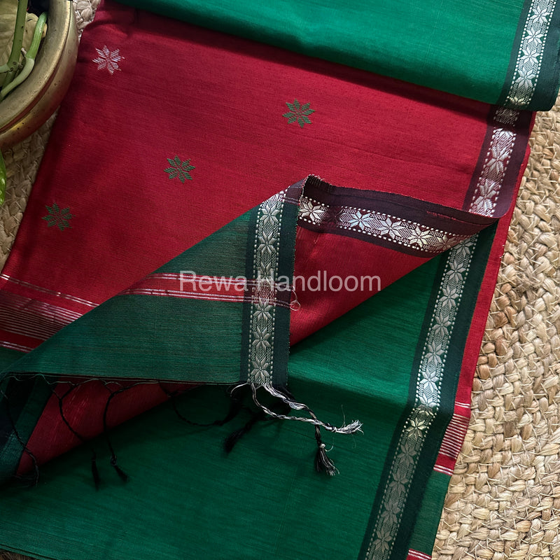  Green-Red Zari Butti ~ Maheshwari Saree-SBT01