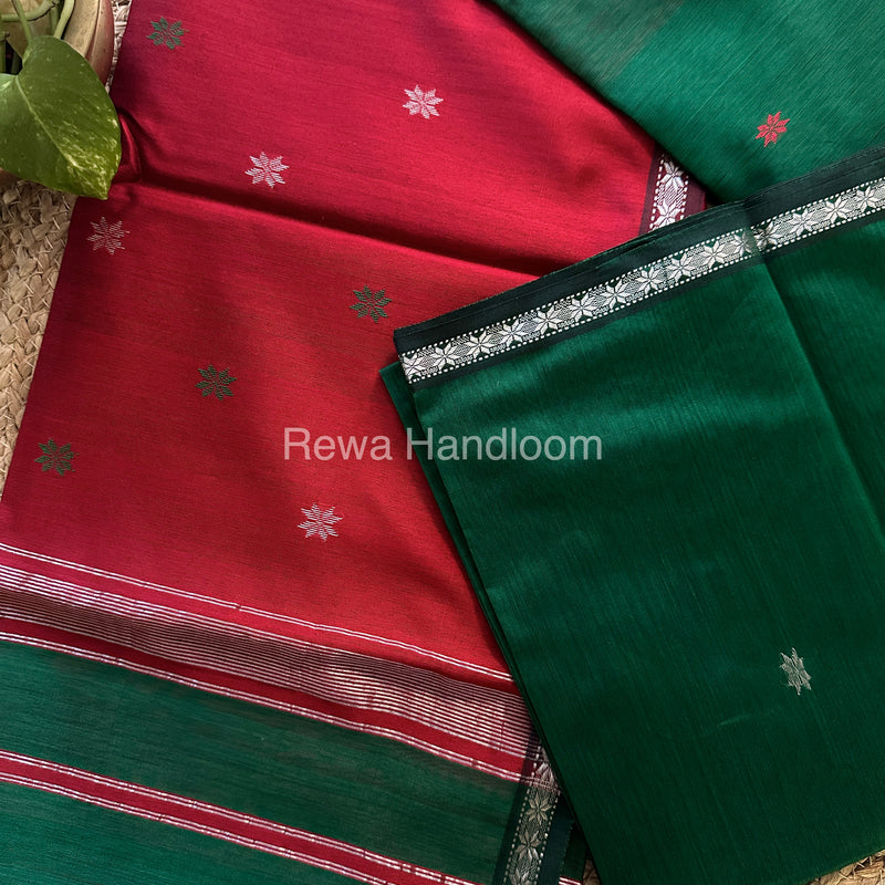  Green-Red Zari Butti ~ Maheshwari Saree-SBT01