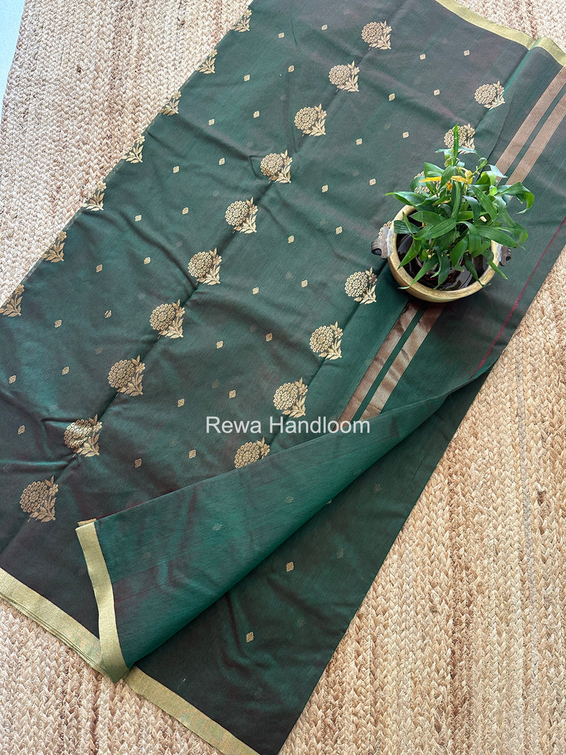 Bottle Green Chanderi Butta Zari Border Saree BSC07