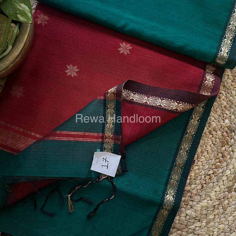 Rama Green-Maroon Red Zari Butti ~ Maheshwari Saree-SBT028