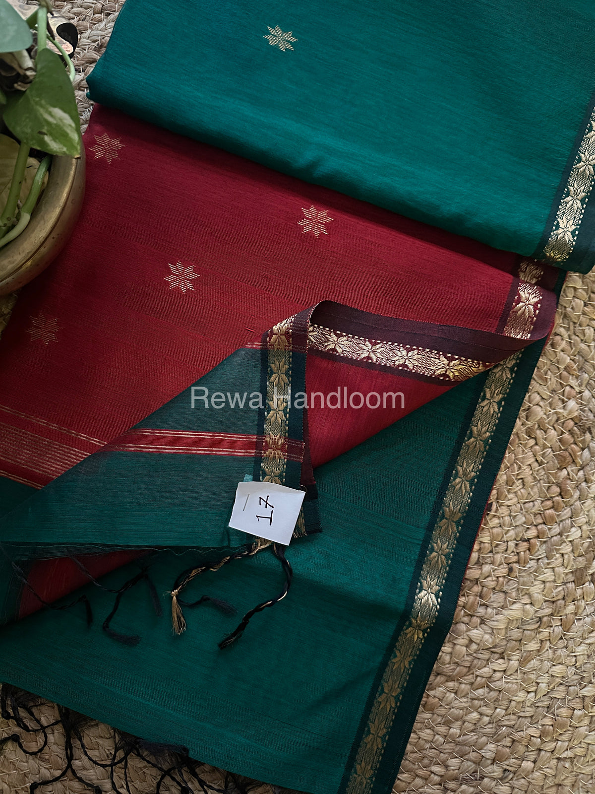 Rama Green-Maroon Red Zari Butti ~ Maheshwari Saree-SBT028