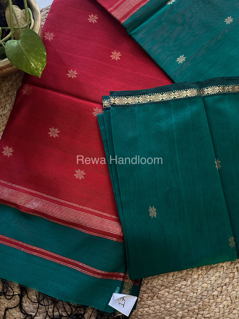 Rama Green-Maroon Red Zari Butti ~ Maheshwari Saree-SBT028