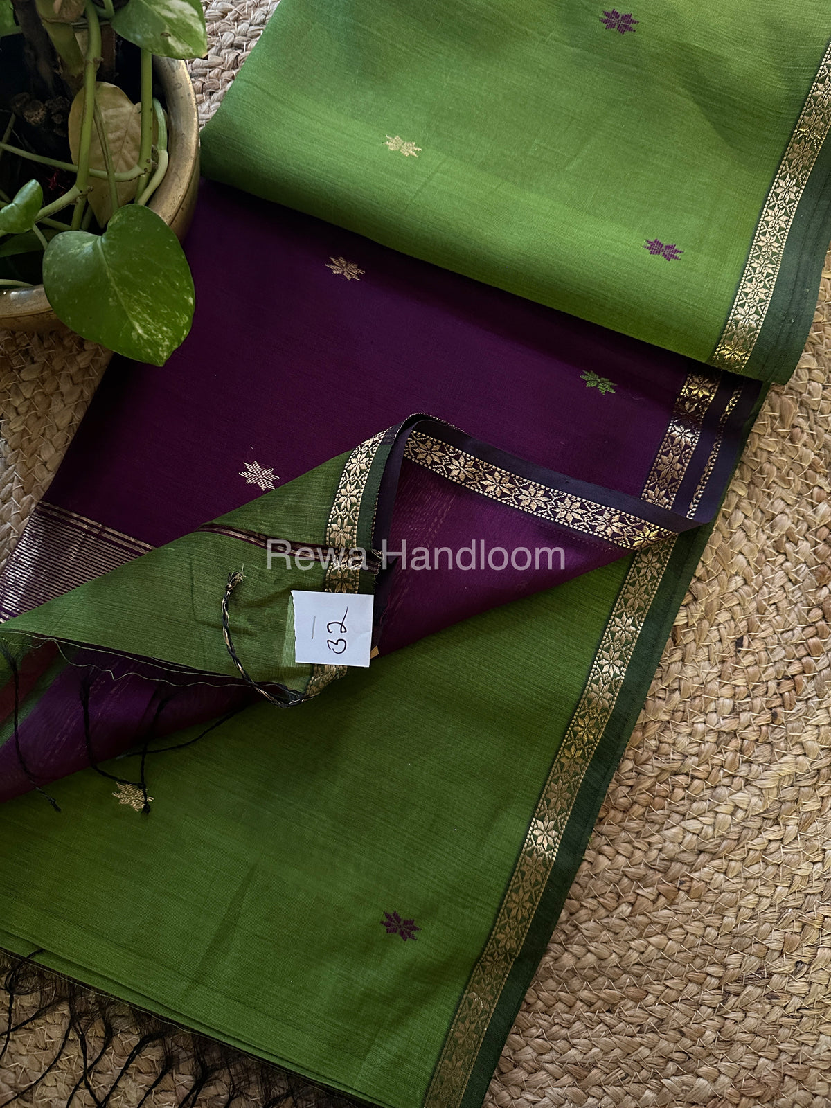 Green-Purple Zari Butti ~ Maheshwari Saree-SBT021