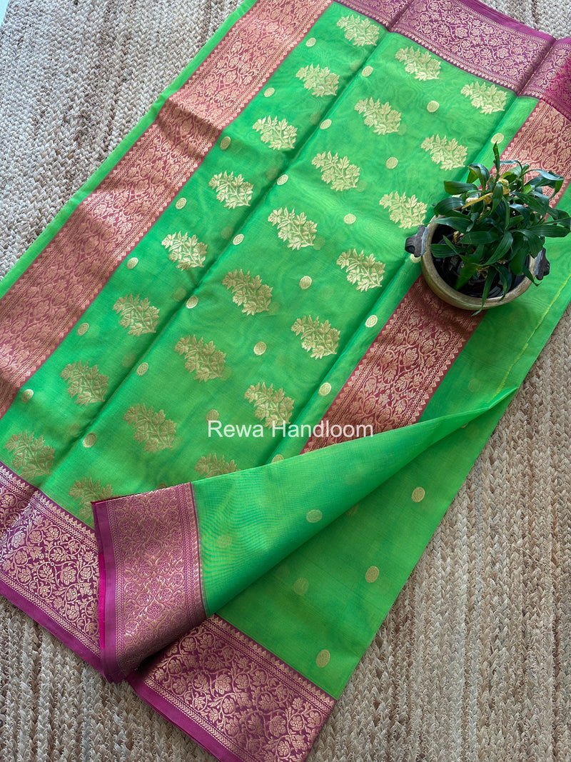 Parrot Green Chanderi Katan Silk Nakshi Border Saree CKS06