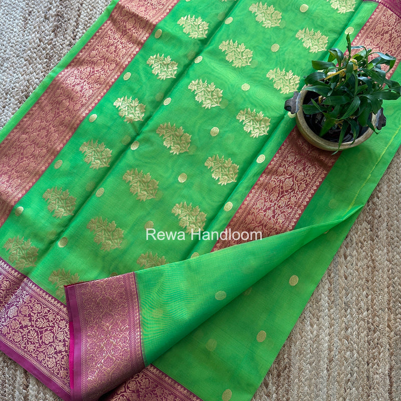 Parrot Green Chanderi Katan Silk Nakshi Border Saree CKS06