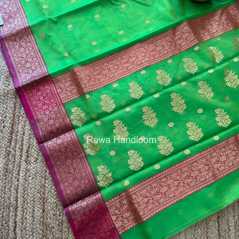 Parrot Green Chanderi Katan Silk Nakshi Border Saree CKS06