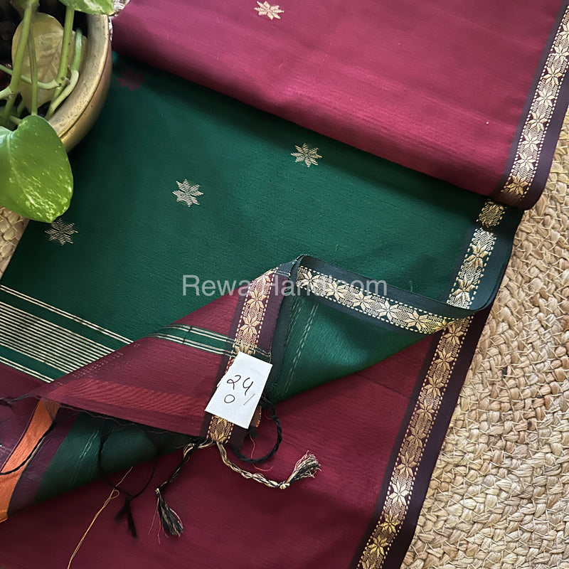 Maroon-Green Zari Butti ~ Maheshwari Saree-SBT012