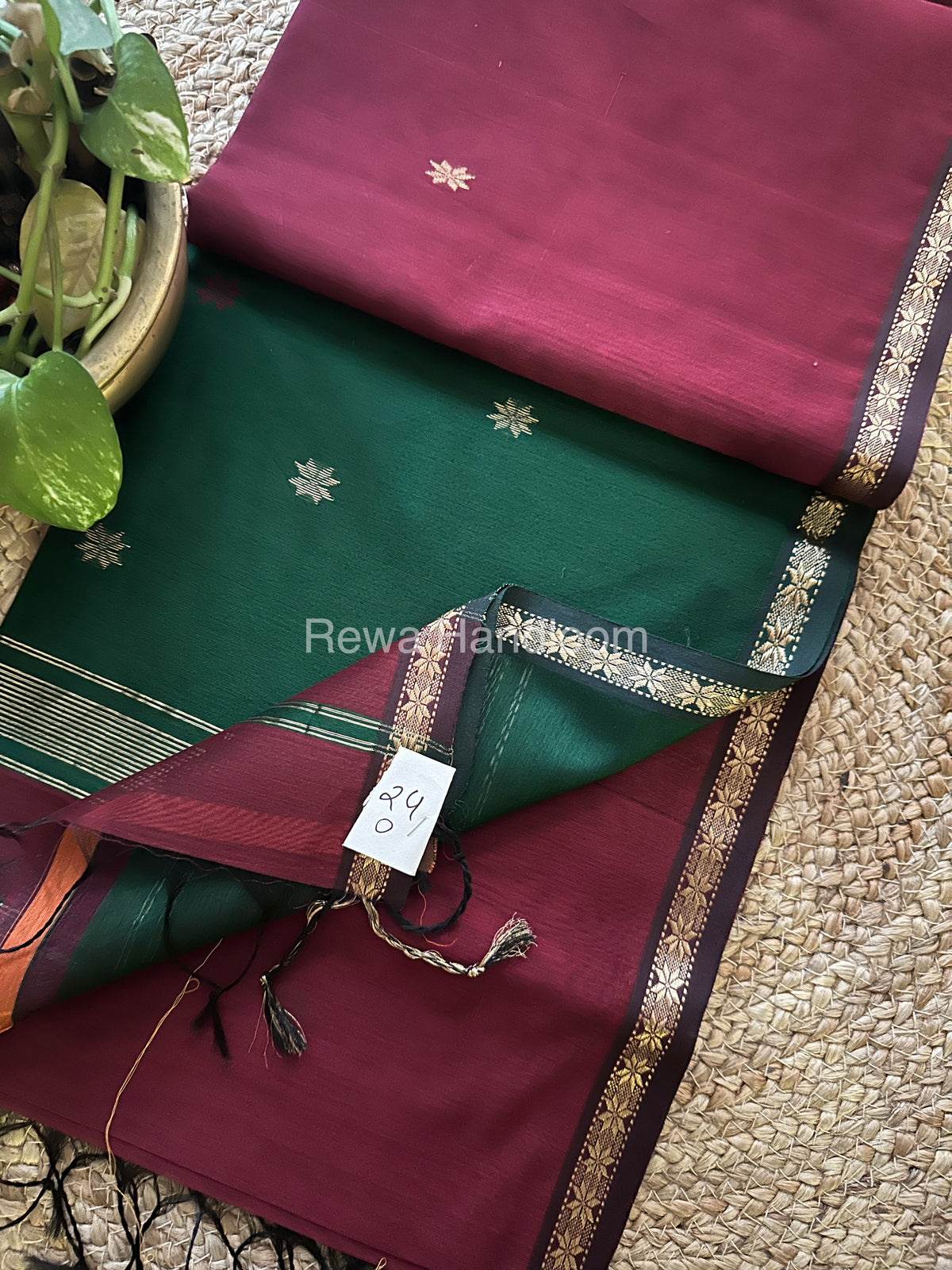 Maroon-Green Zari Butti ~ Maheshwari Saree-SBT012