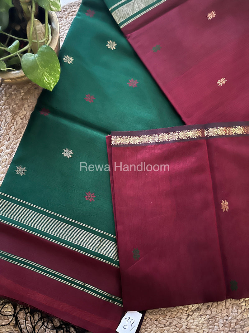 Maroon-Green Zari Butti ~ Maheshwari Saree-SBT012