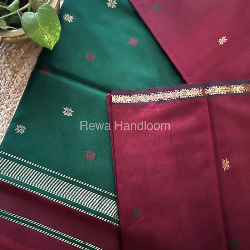 Maroon-Green Zari Butti ~ Maheshwari Saree-SBT012