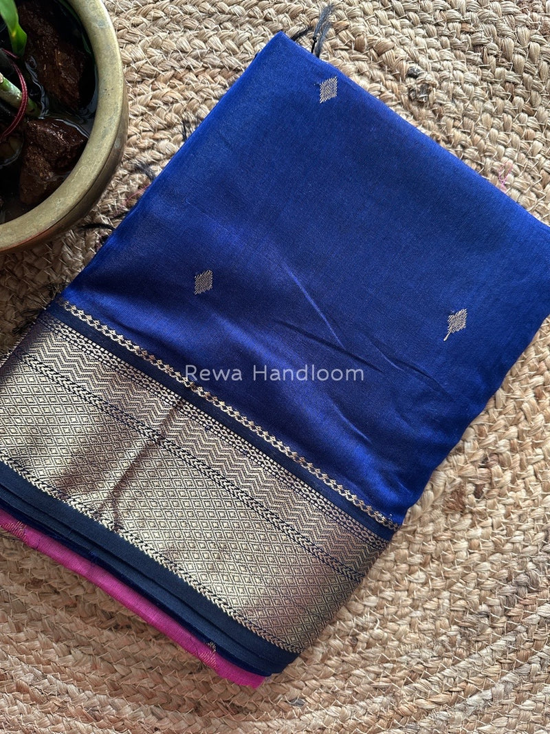 Navy Blue Zari Butti Maheshwari Saree PTB0102