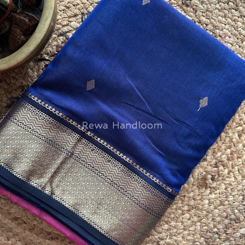 Navy Blue Zari Butti Maheshwari Saree PTB0102