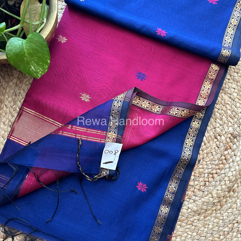 Blue-Magenta Zari Butti ~ Maheshwari Saree-SBT020