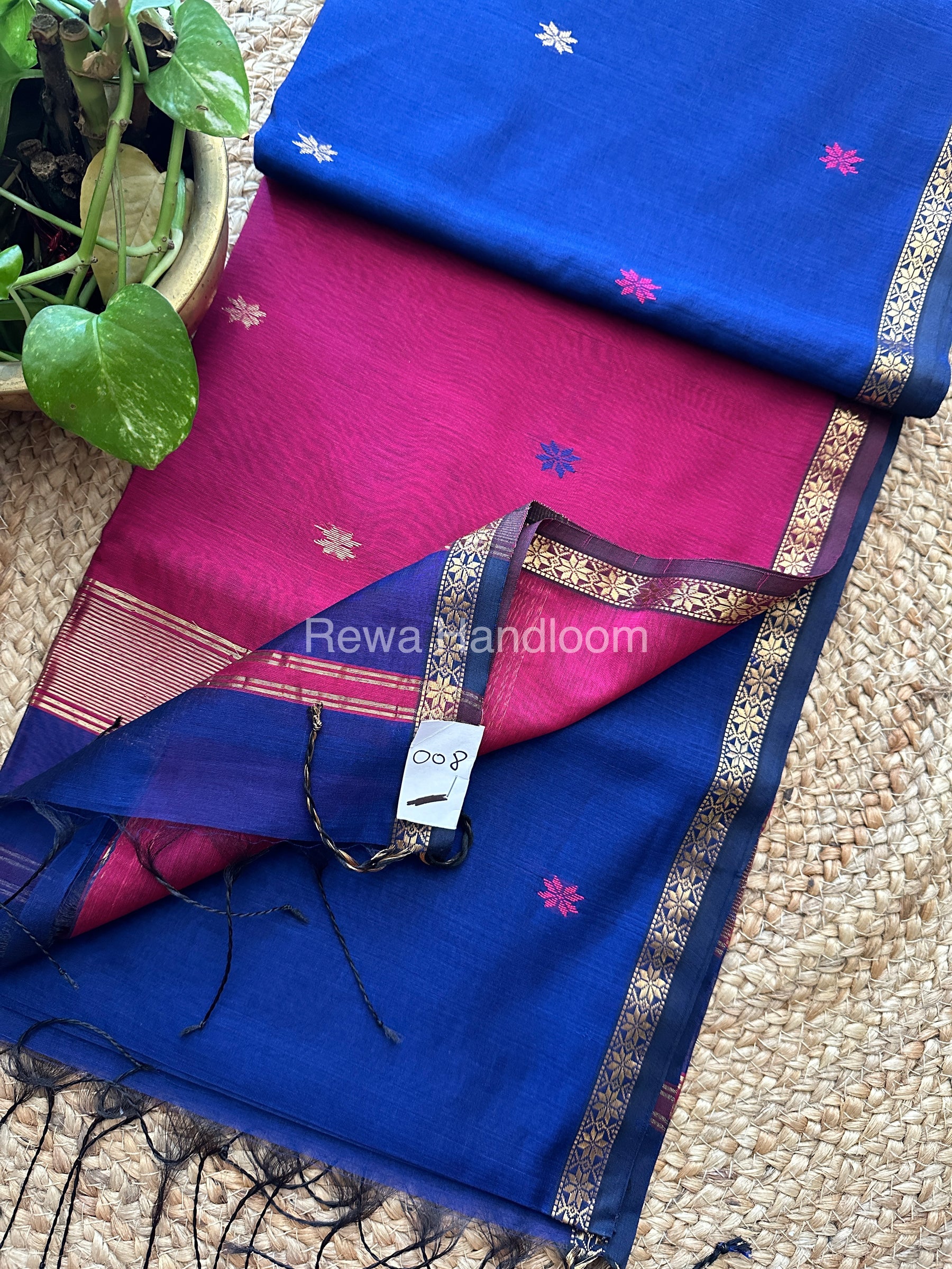 Blue-Magenta Zari Butti ~ Maheshwari Saree-SBT020