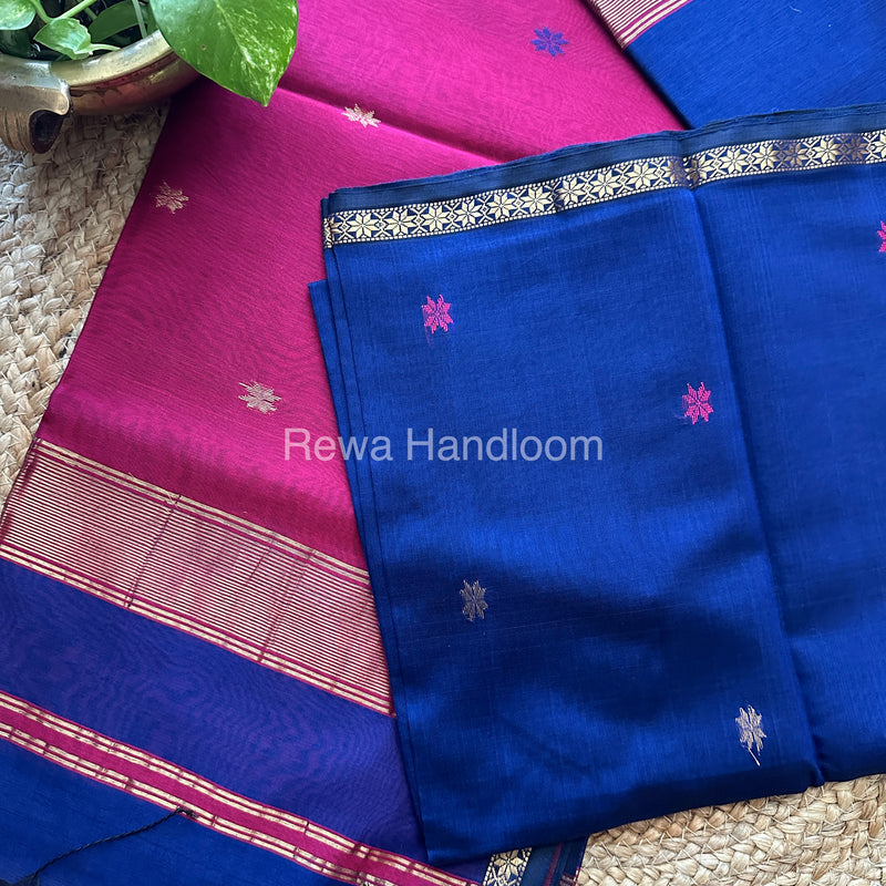 Blue-Magenta Zari Butti ~ Maheshwari Saree-SBT020