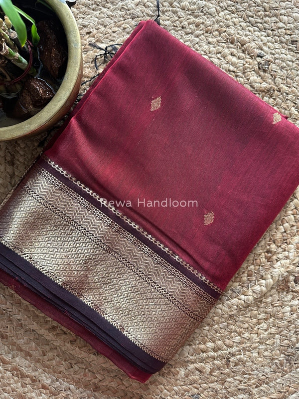 Dark Maroon Zari Butti Maheshwari Saree PTB0108
