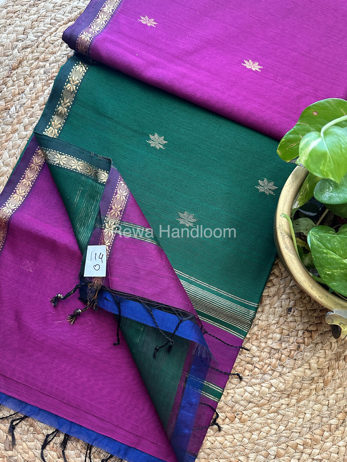 Purple-Green Zari Butti ~ Maheshwari Saree-SBT019