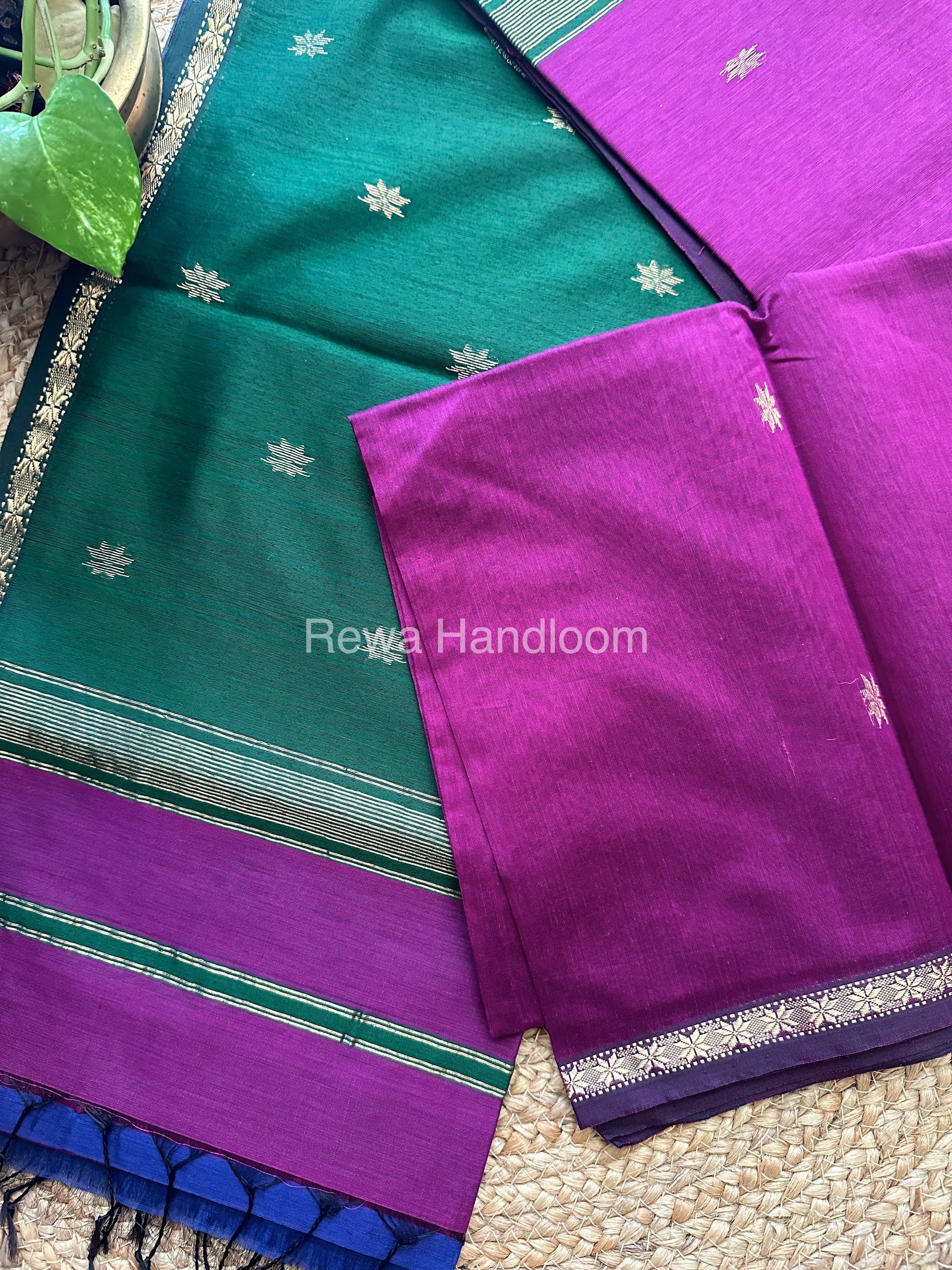 Purple-Green Zari Butti ~ Maheshwari Saree-SBT019
