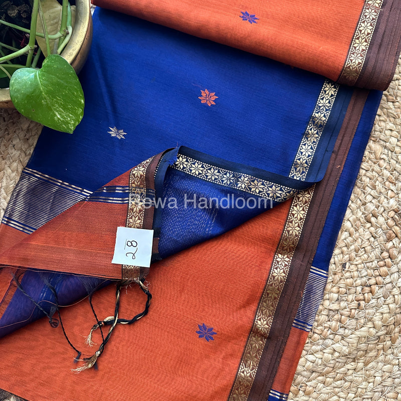 Rust-Blue Zari Butti ~ Maheshwari Saree-SBT013