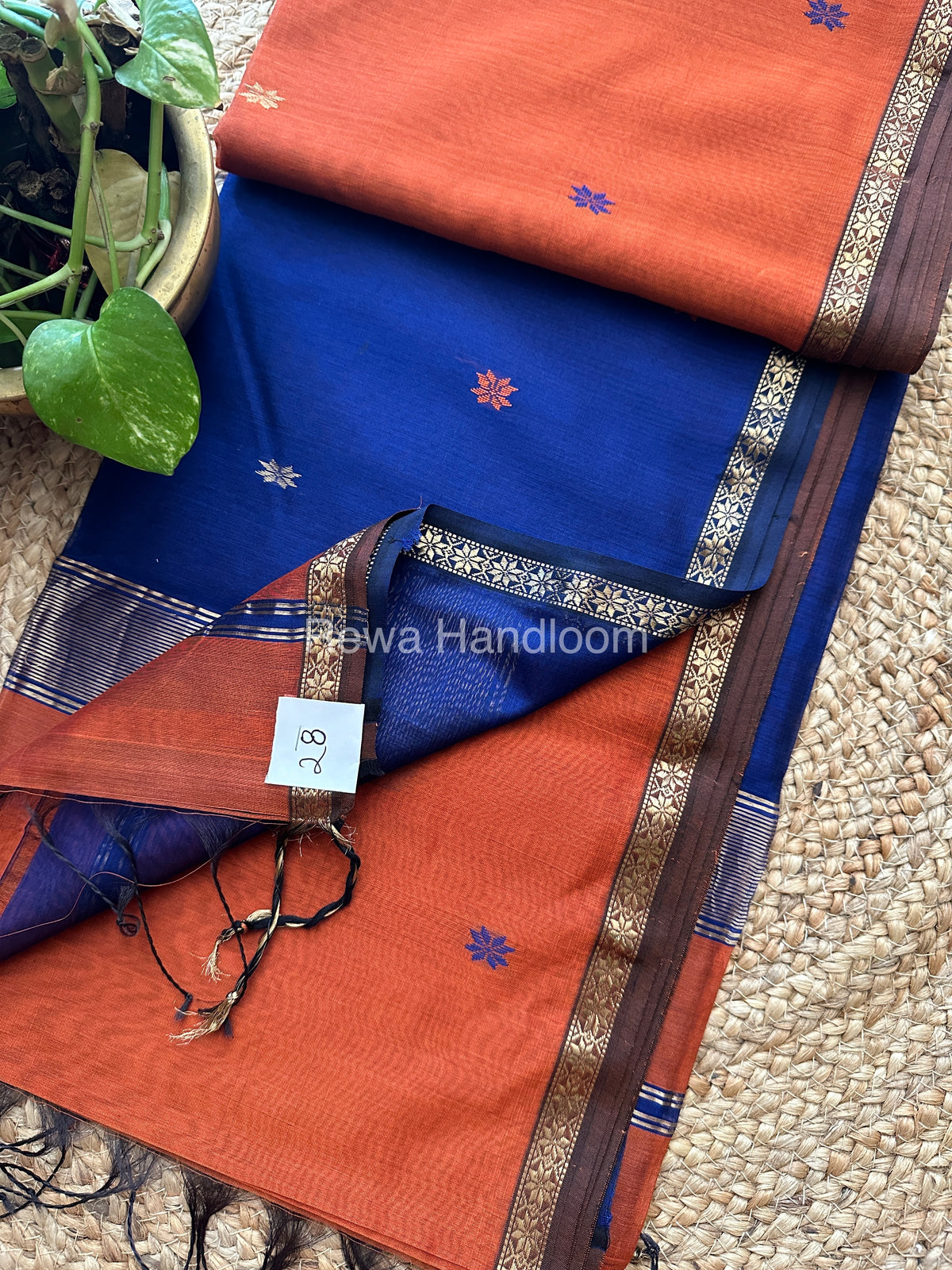 Rust-Blue Zari Butti ~ Maheshwari Saree-SBT013