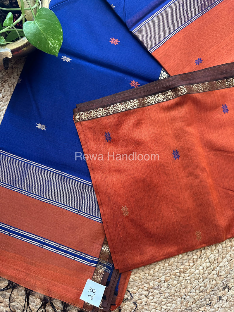 Rust-Blue Zari Butti ~ Maheshwari Saree-SBT013