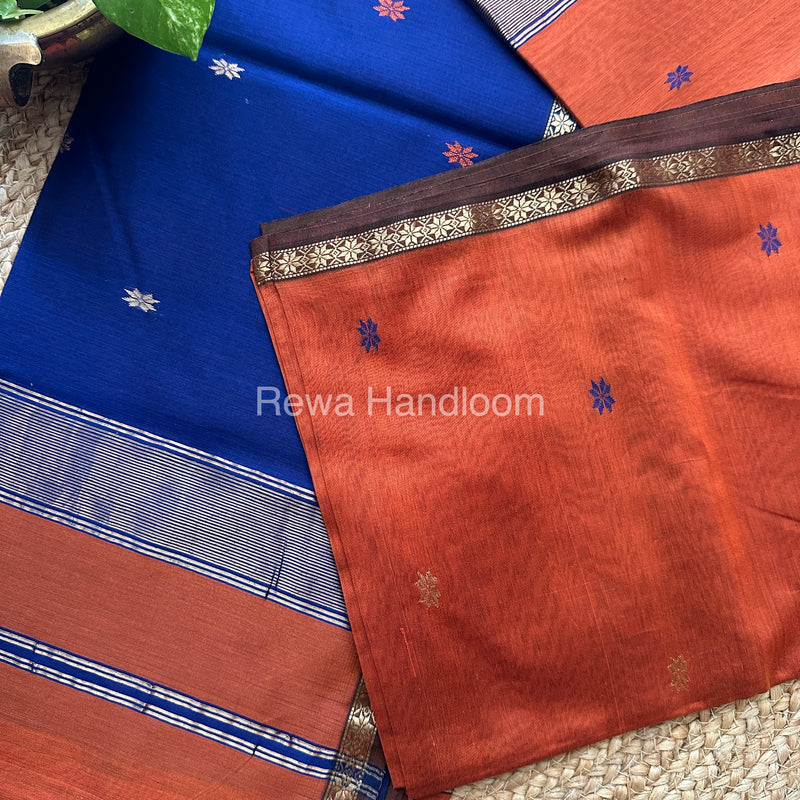Rust-Blue Zari Butti ~ Maheshwari Saree-SBT013