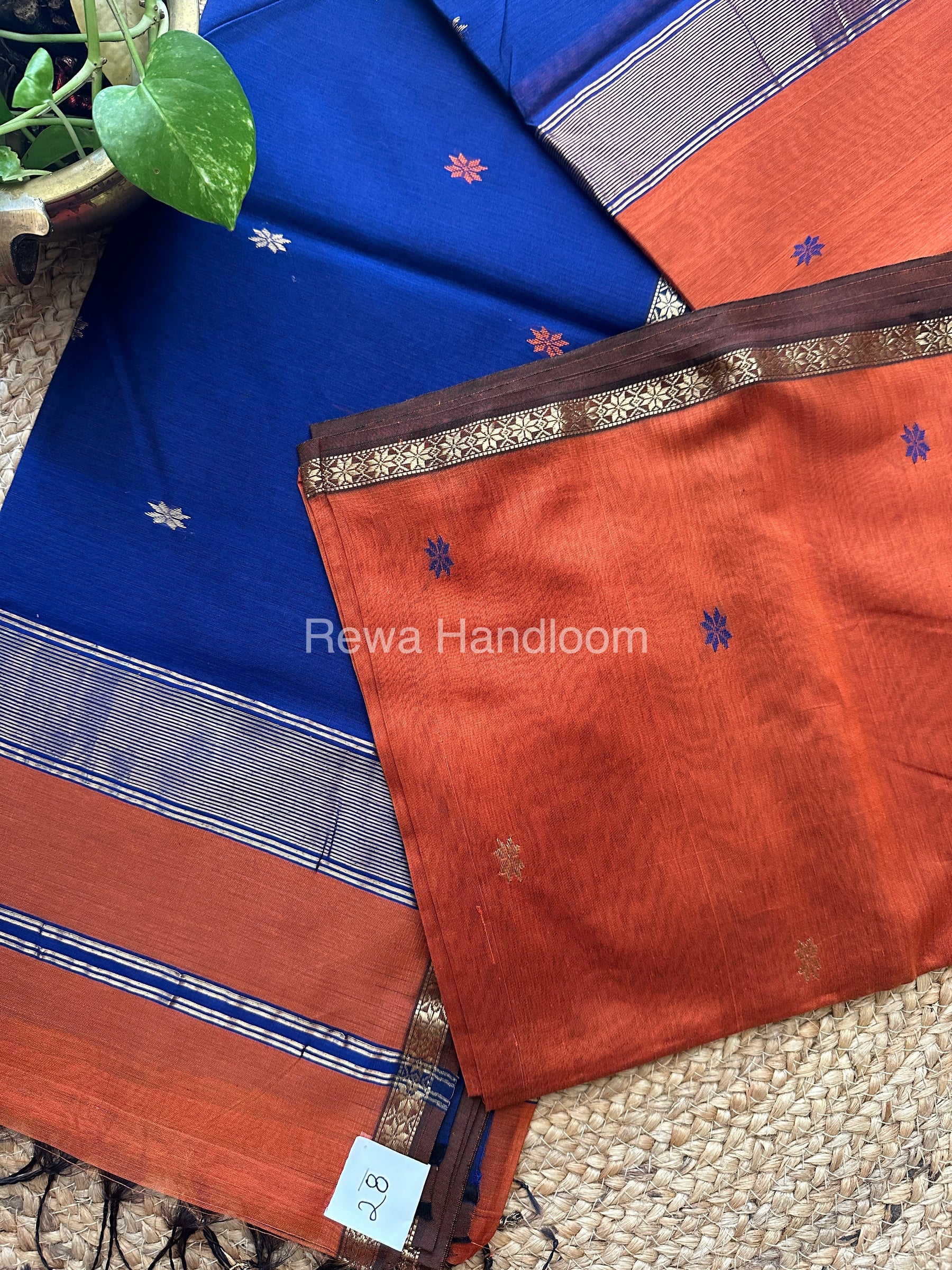 Rust-Blue Zari Butti ~ Maheshwari Saree-SBT013