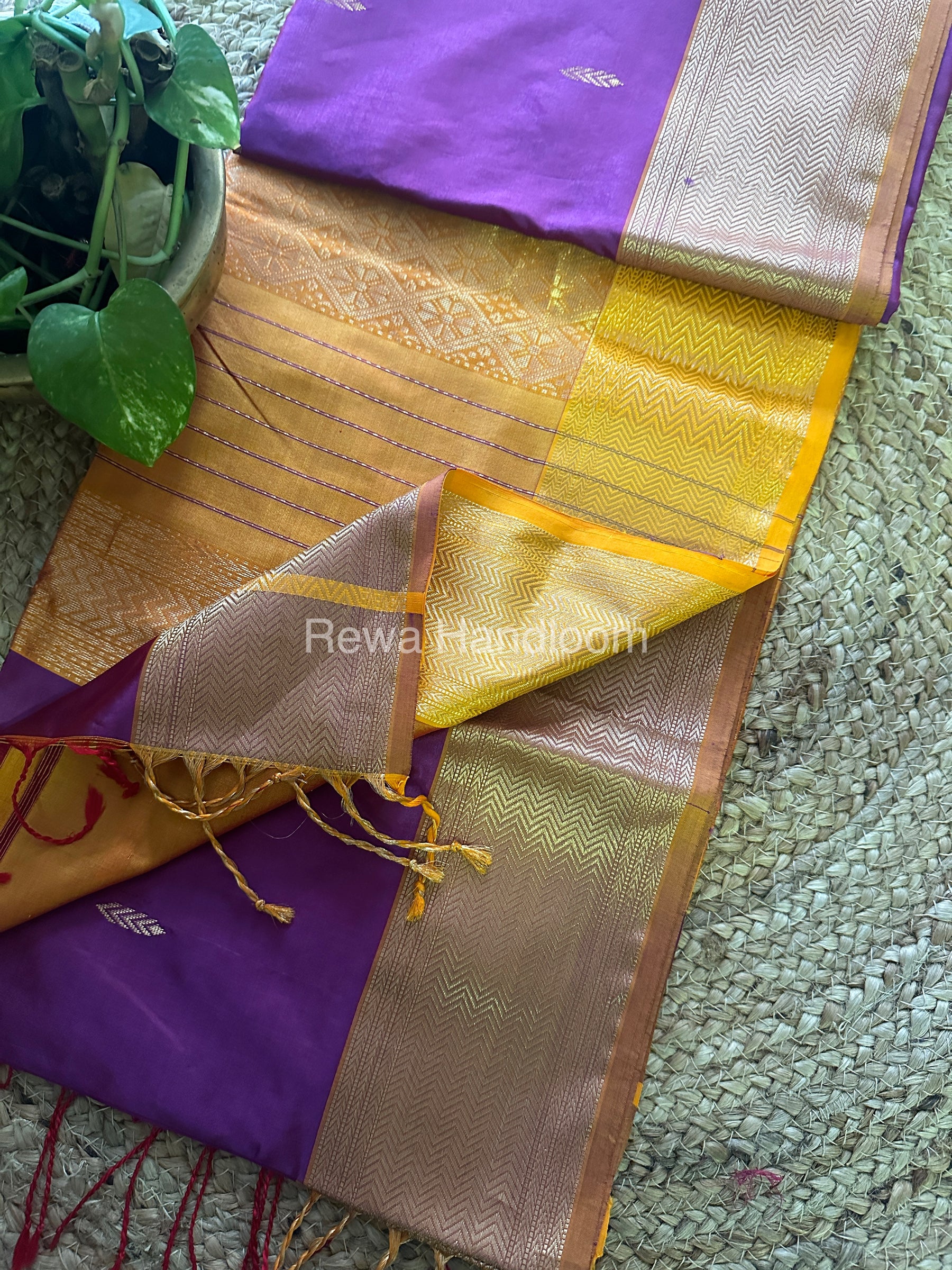 Maheshwari Purple Yellow Pure Silk Saree-PS0155