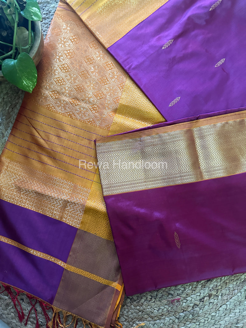 Maheshwari Purple Yellow Pure Silk Saree PS015