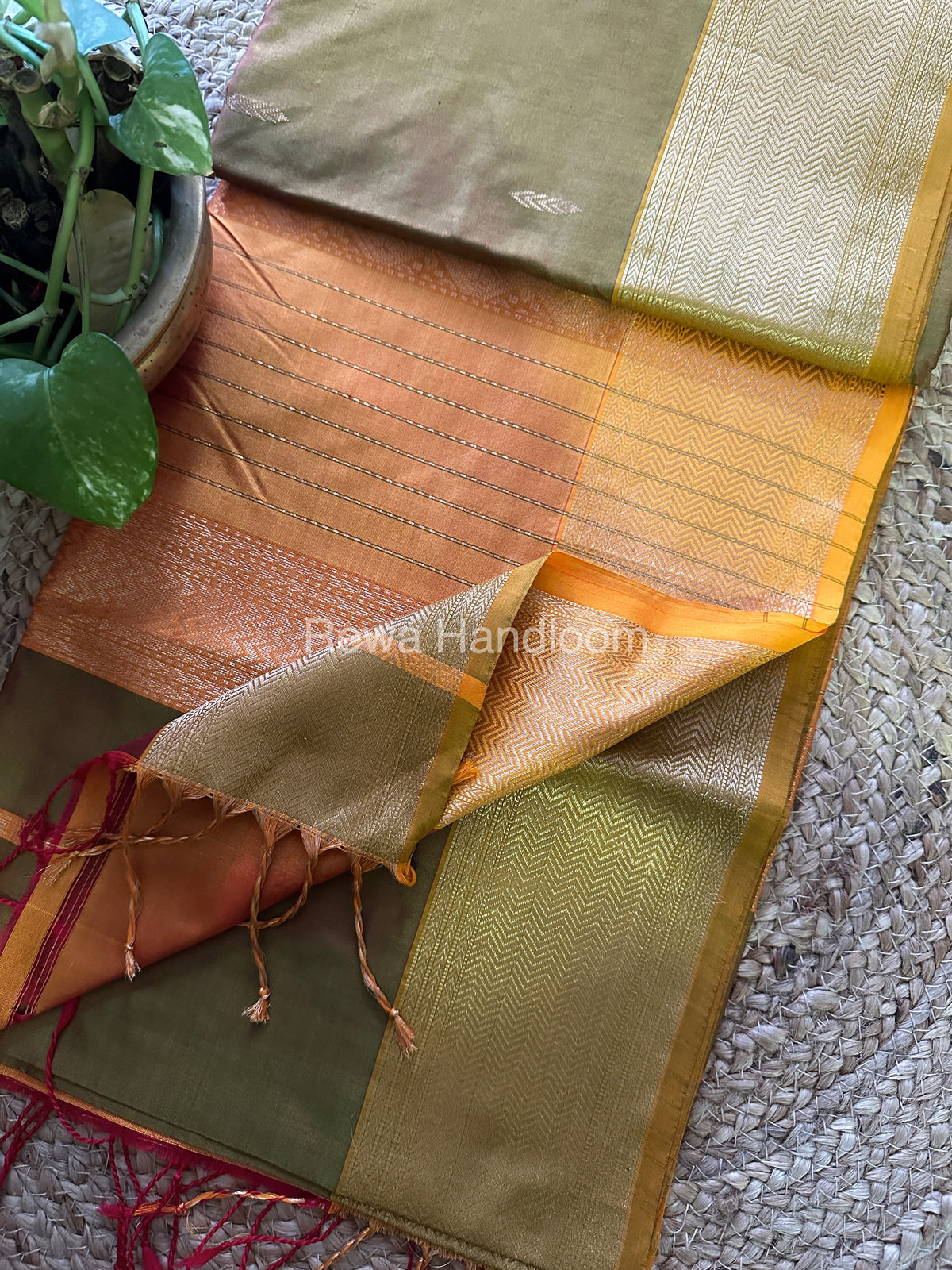 Maheshwari Green Yellow Pure Silk Saree-PS013