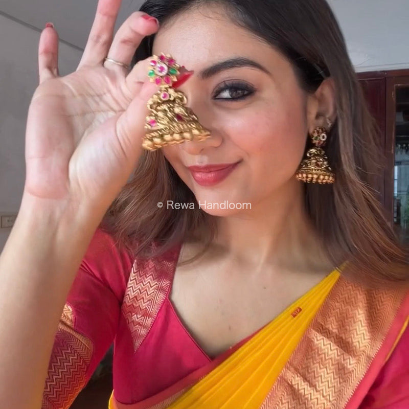 Maheshwari Yellow Flower Butti Saree PTB0140 Rewa Handloom