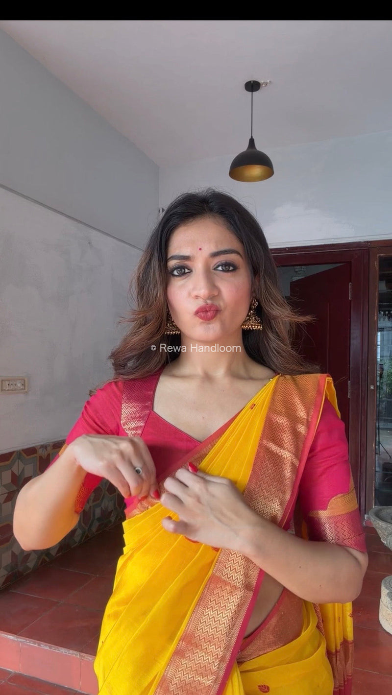 Maheshwari Yellow Flower Butti Saree PTB0140 Rewa Handloom