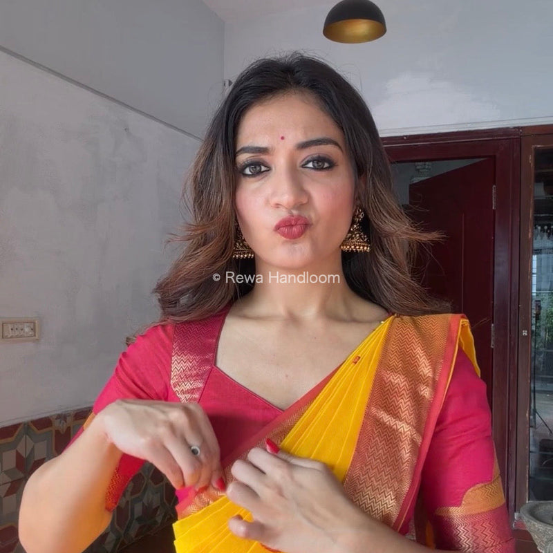 Maheshwari Yellow Flower Butti Saree PTB0140 Rewa Handloom