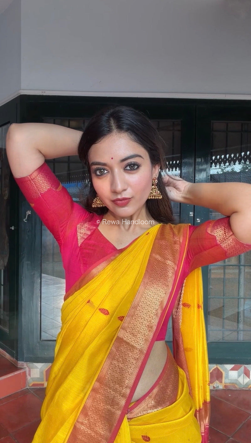 Maheshwari Yellow Flower Butti Saree PTB0140 Rewa Handloom