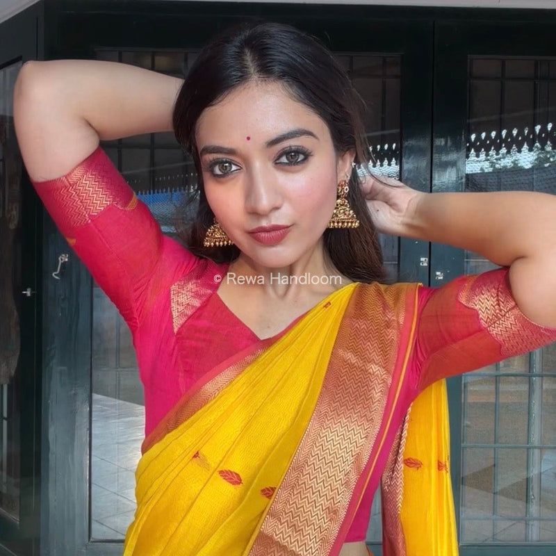 Maheshwari Yellow Flower Butti Saree PTB0140 Rewa Handloom