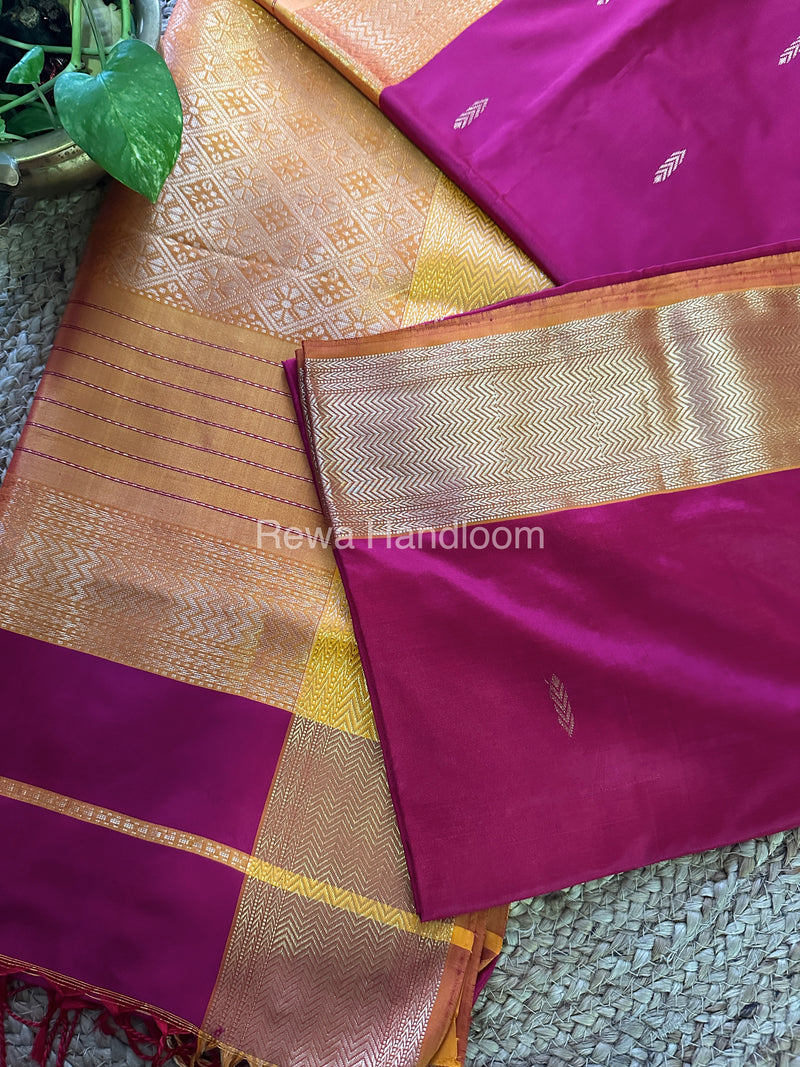 Maheshwari Magenta Yellow Pure Silk Saree PS012