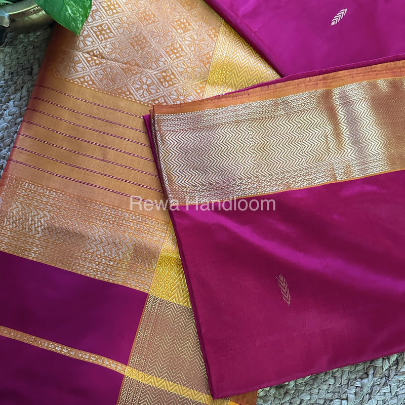 Maheshwari Magenta Yellow Pure Silk Saree PS012