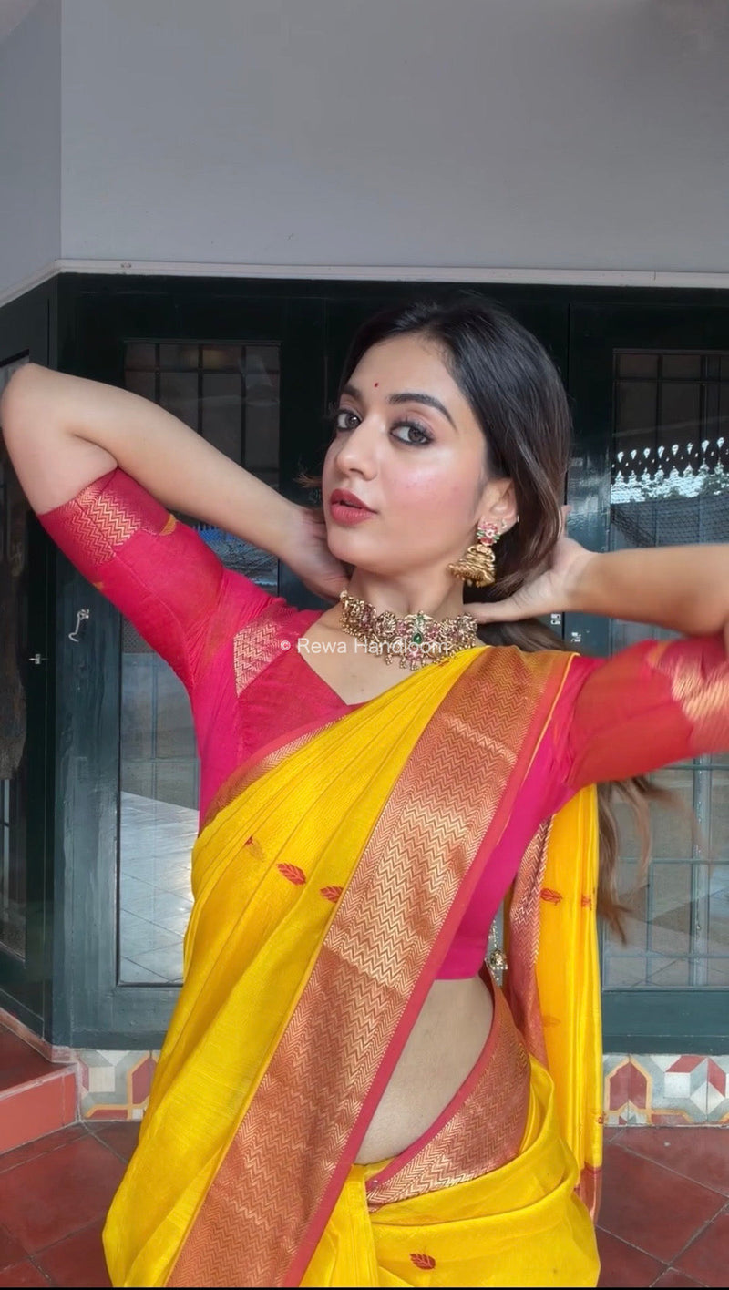 Maheshwari Yellow Flower Butti Saree PTB0140 Rewa Handloom