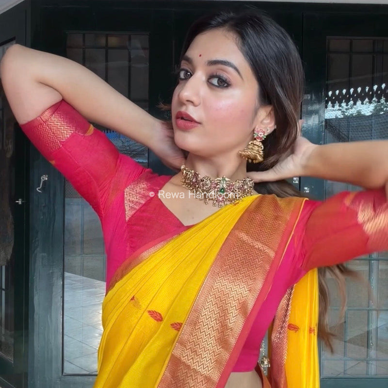 Maheshwari Yellow Flower Butti Saree PTB0140 Rewa Handloom