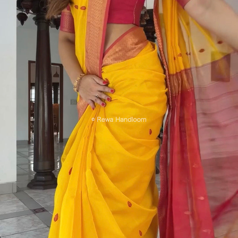 Maheshwari Yellow Flower Butti Saree PTB0140 Rewa Handloom