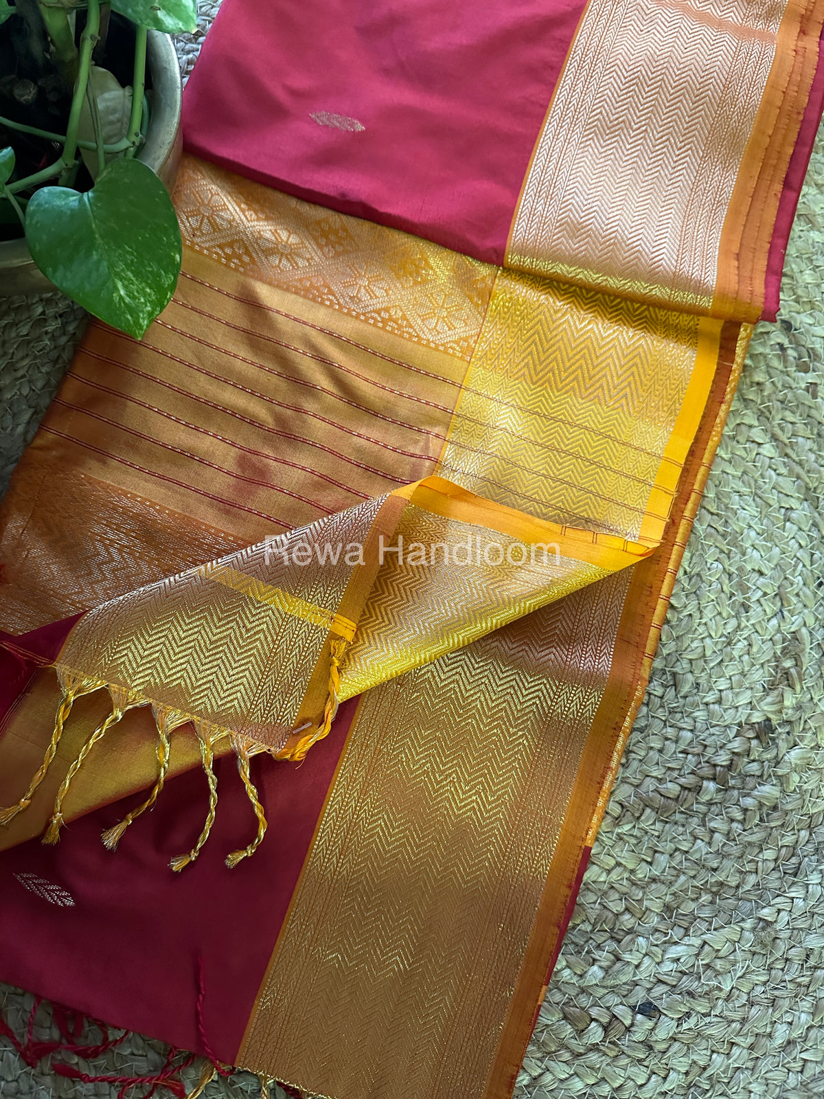 Maheshwari Red Yellow Pure Silk Saree-PS011