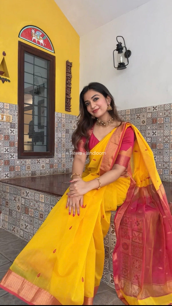 Maheshwari Yellow Flower Butti Saree PTB0140 Rewa Handloom