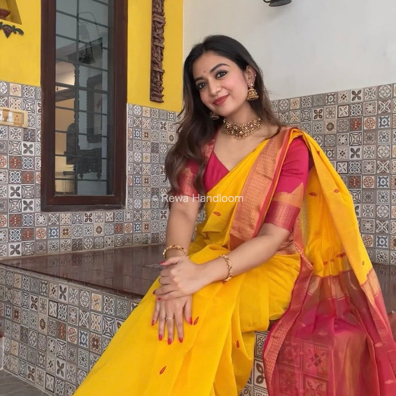 Maheshwari Yellow Flower Butti Saree PTB0140 Rewa Handloom