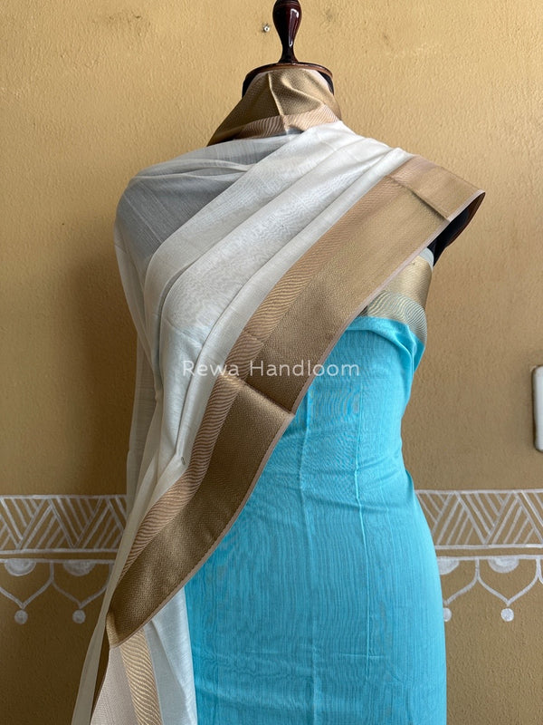 Maheshwari Sky Blue-White Resham Border Dress Material BRD016