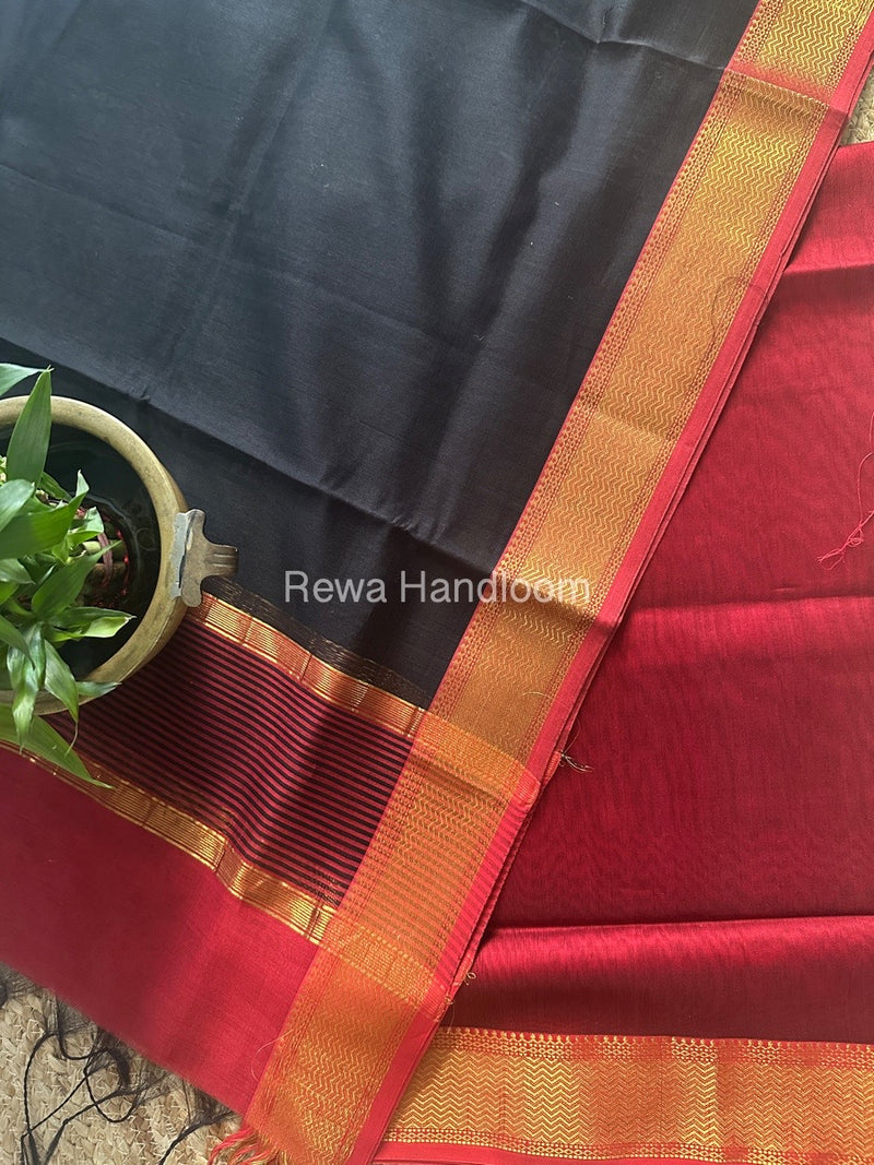 Maheshwari Red-Black Zari Border Dress Material BRD040