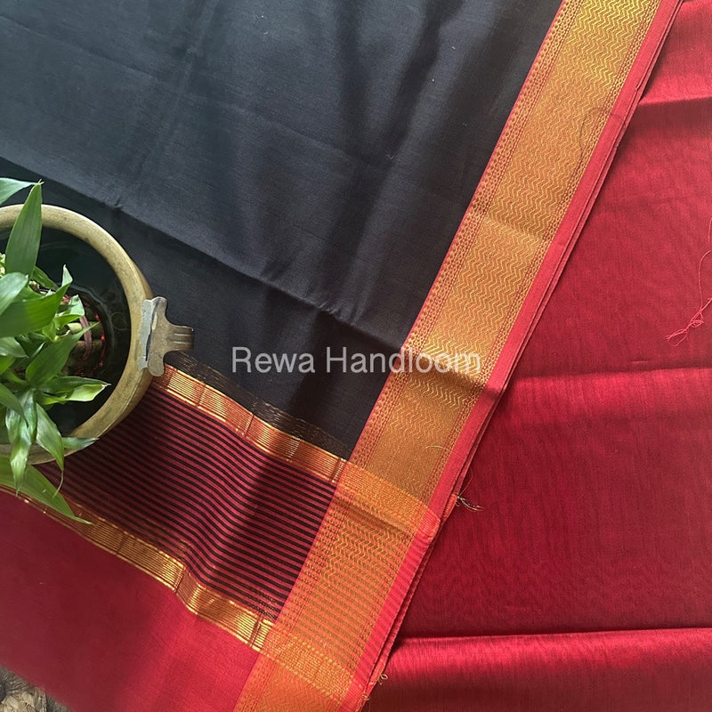 Maheshwari Red-Black Zari Border Dress Material BRD040