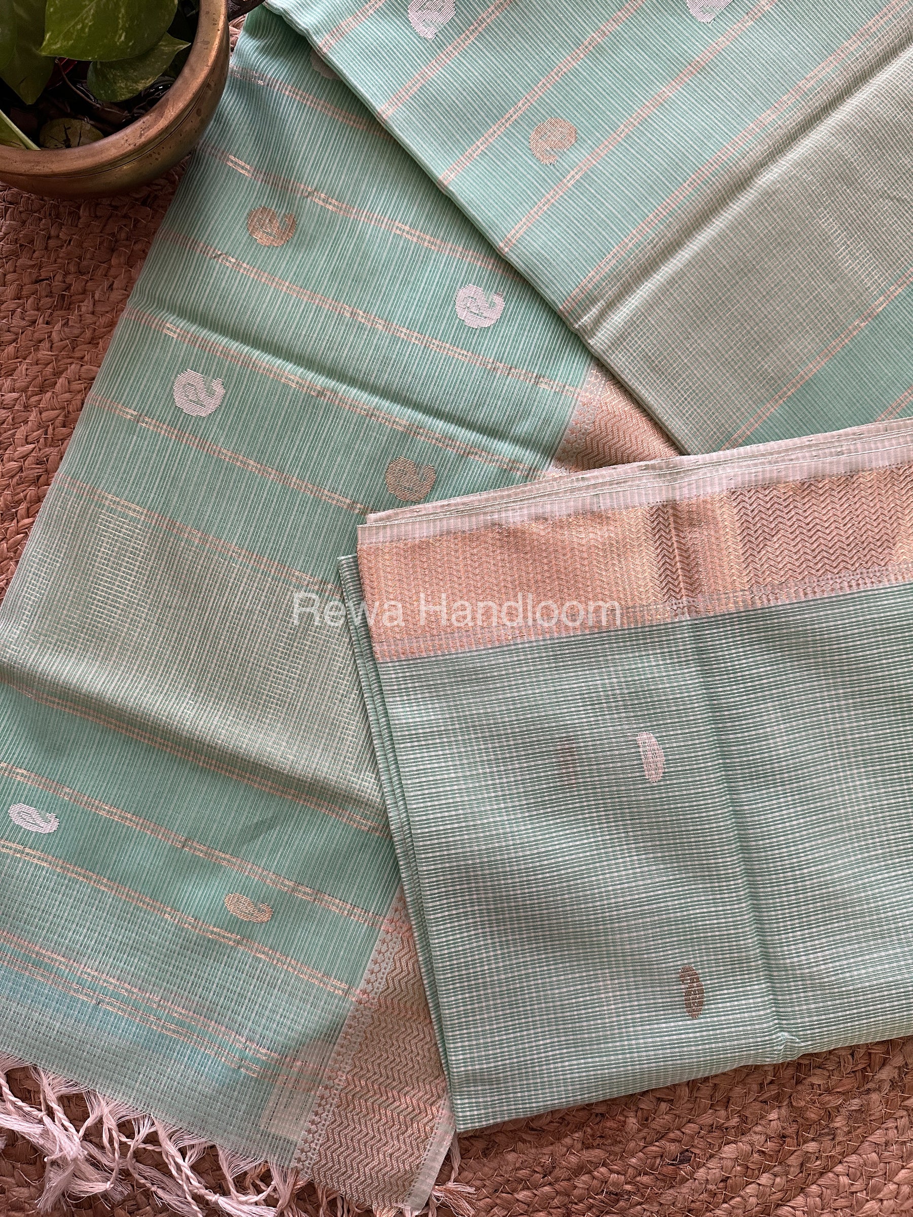 Sea Green Zari Butti ~ Maheshwari Saree-KJS04