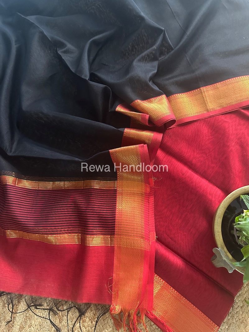 Maheshwari Red-Black Zari Border Dress Material BRD040
